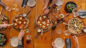 Lunch served, international cuisine, garden views