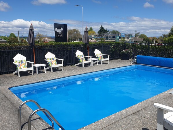 Seasonal outdoor pool, sun loungers