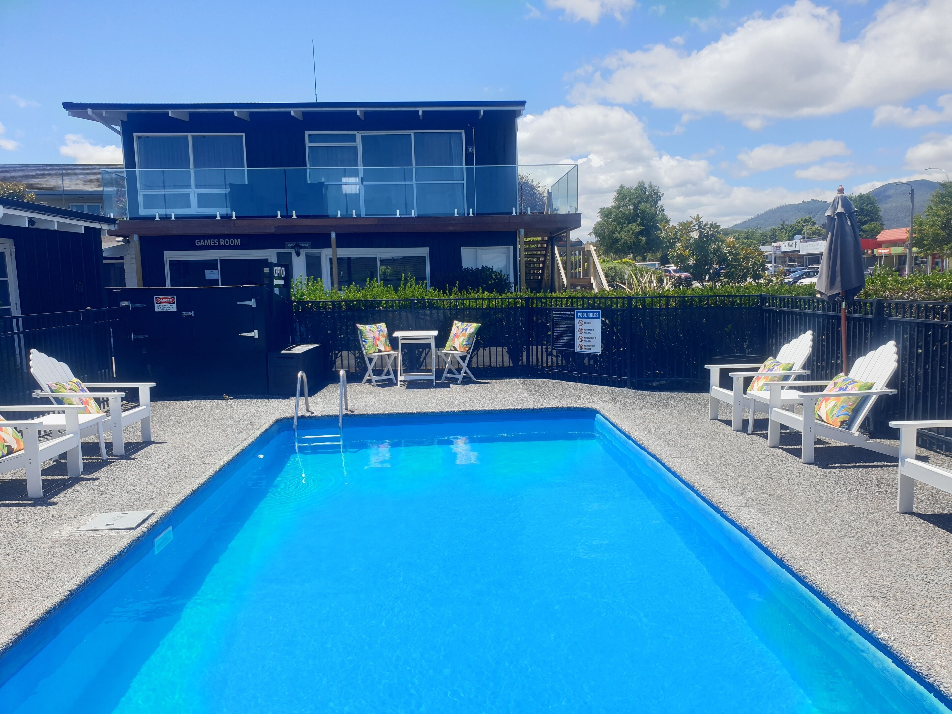 Seasonal outdoor pool, sun loungers