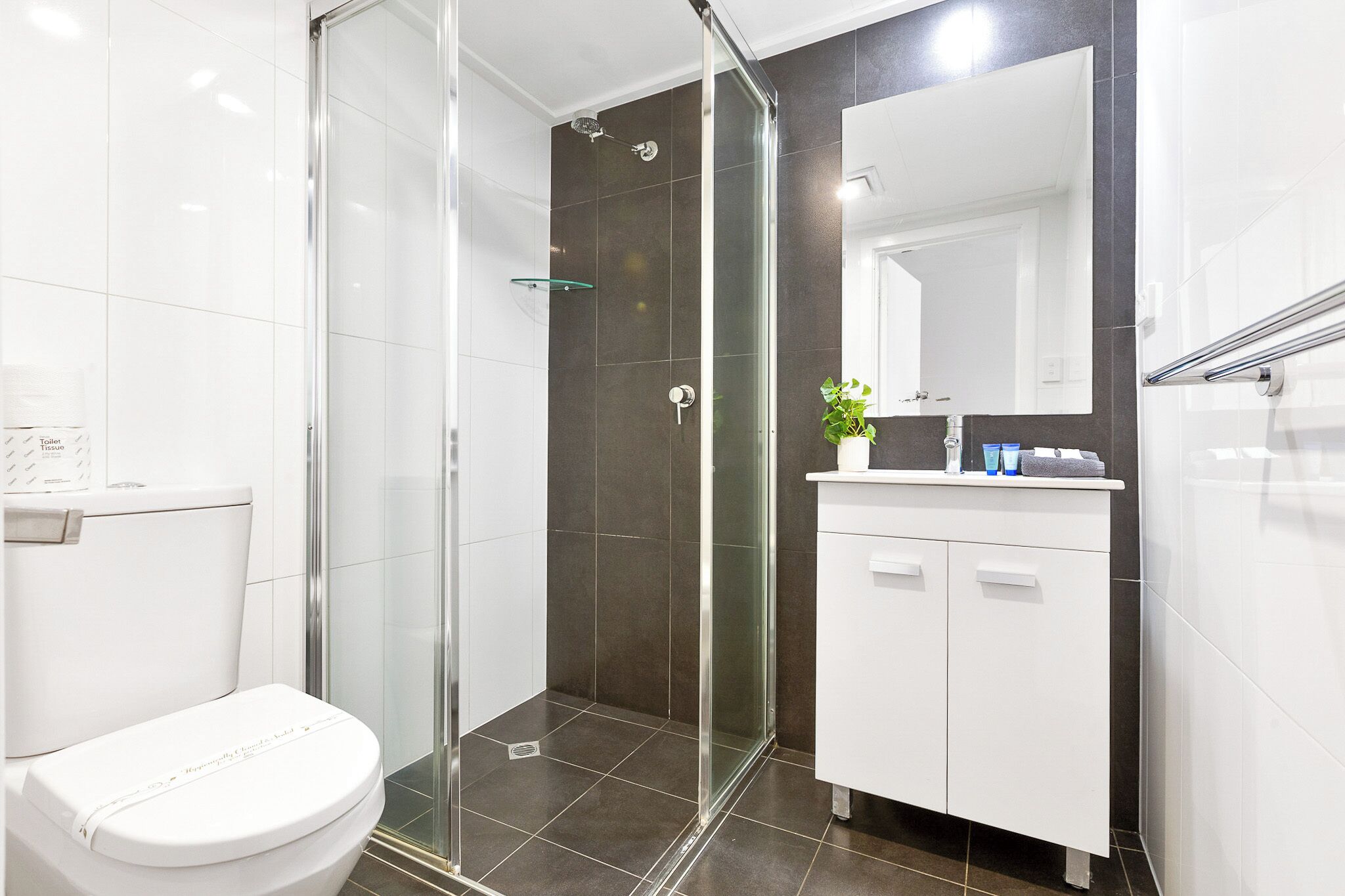 Un baño moderno con ducha de vidrio, inodoro blanco y tocador con espejo.