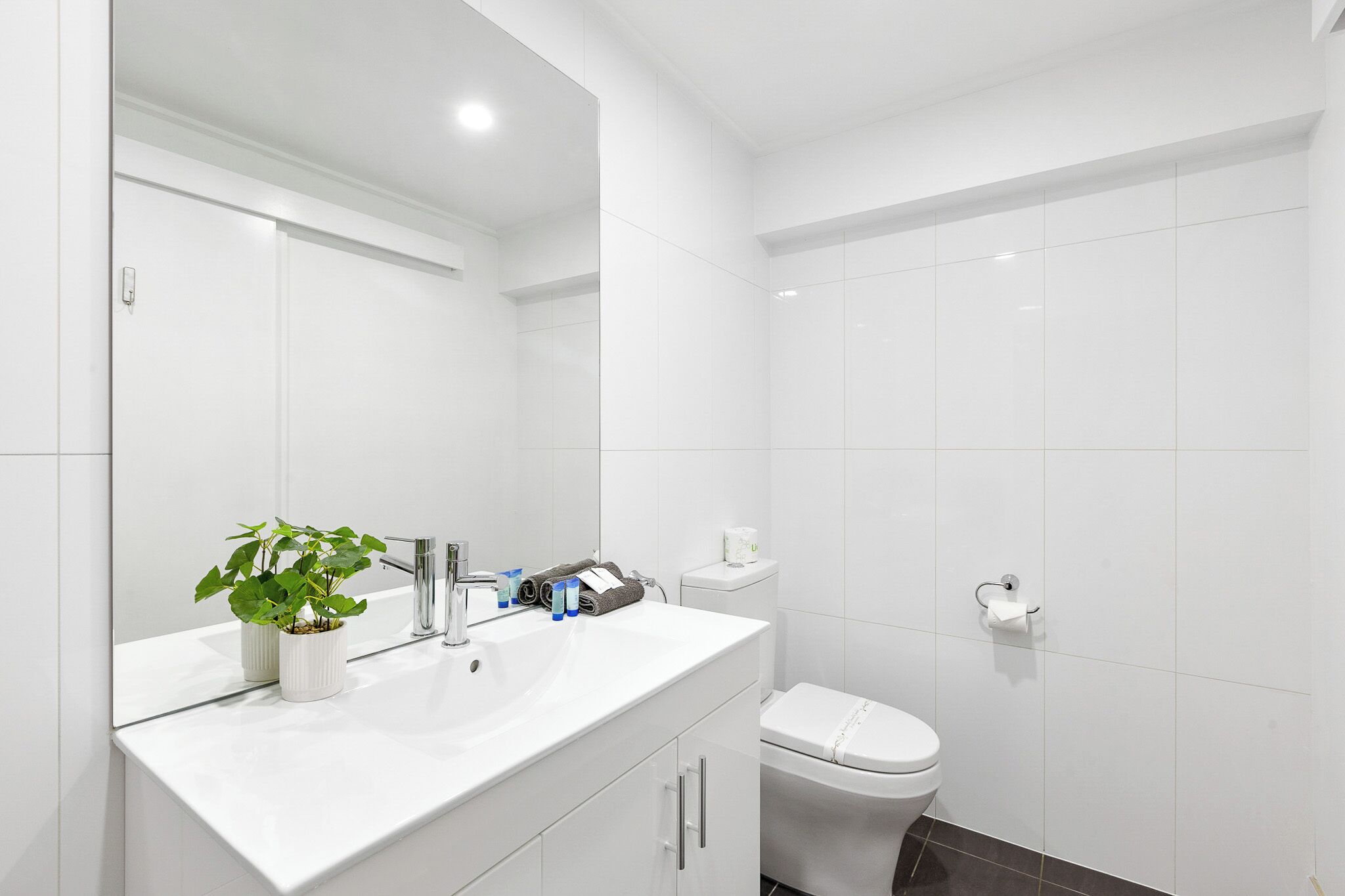A modern bathroom with a white vanity, a sink, a mirror, a toilet, and a potted plant.