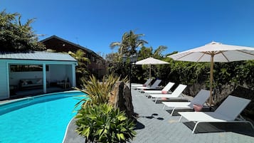 Seasonal outdoor pool, open 9:00 AM to 8:00 PM, free pool cabanas