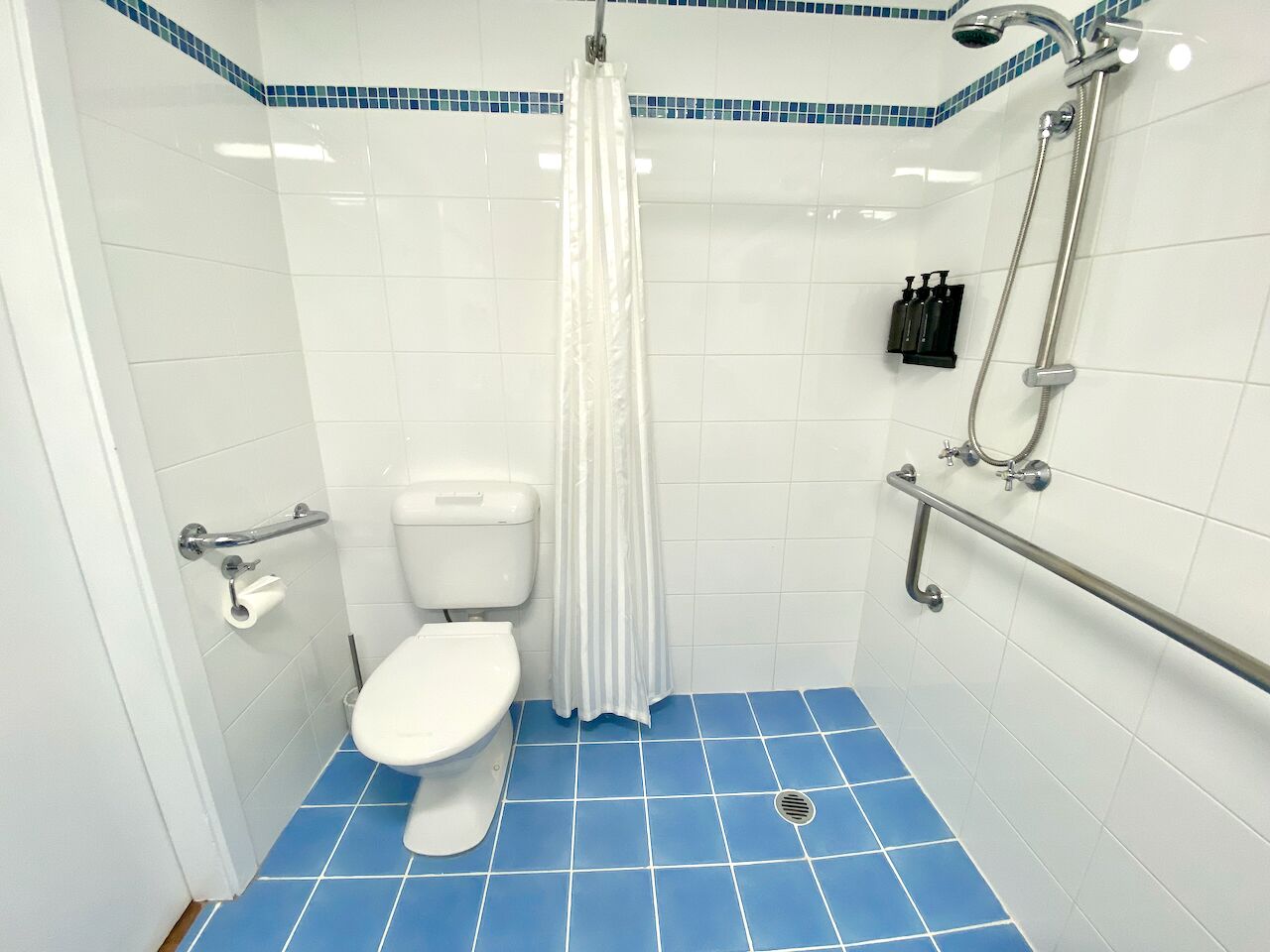 A bathroom with a white toilet, blue-tiled floor, and a shower area with a white curtain.