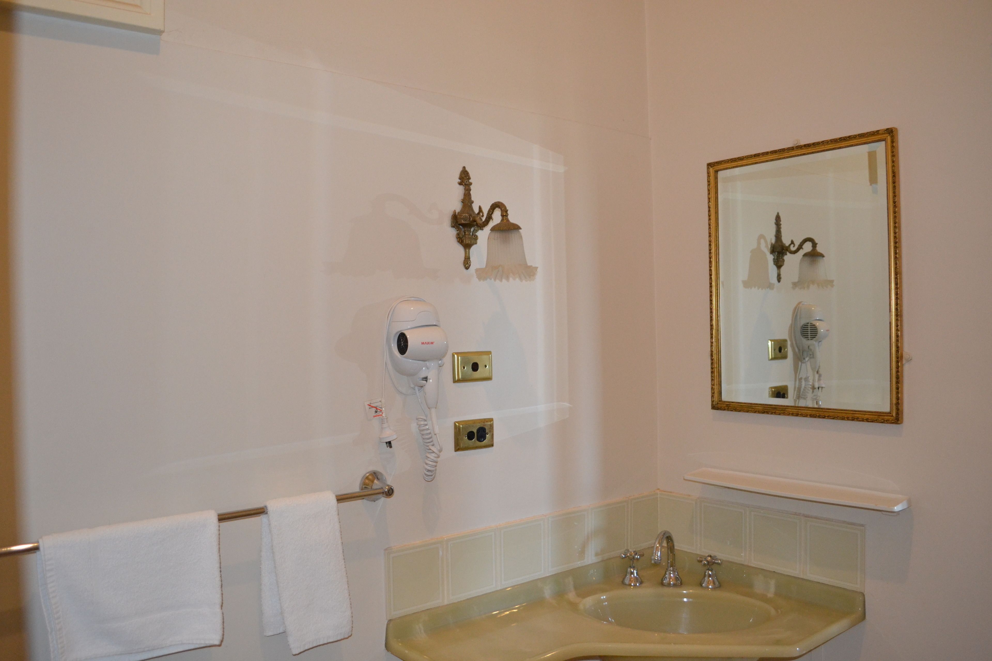 A bathroom with a sink, towel rack, hairdryer, and a mirror with a gold frame.