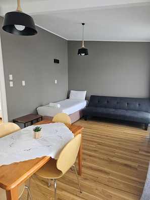 Apartamento família, aceita animais de estimação (Large Studio) | Área de estar | TV LCD 32 polegadas com canais digitais, TV