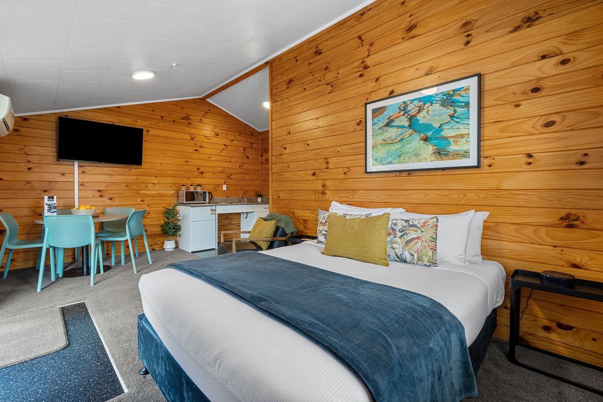 Una habitación con cama, escritorio y televisión.