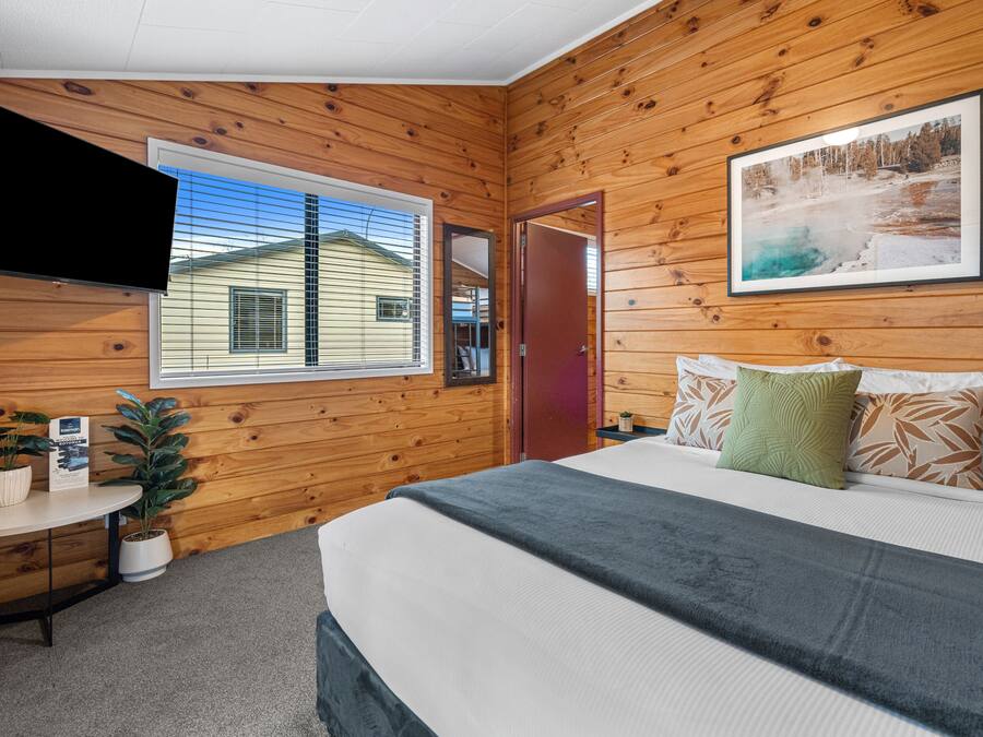 A wooden-paneled room with a bed, a TV, a window, and a door.