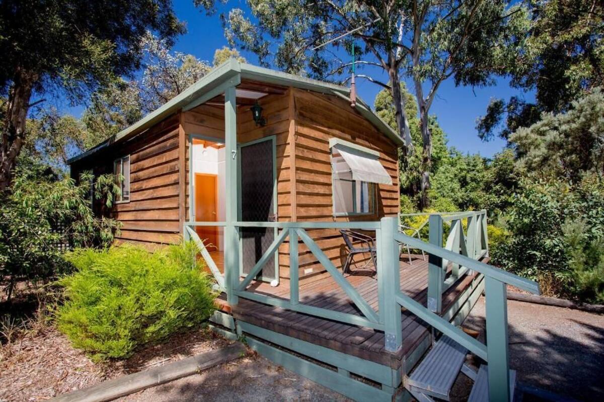 A wooden cabin with a porch and a small deck, surrounded by trees and greenery.