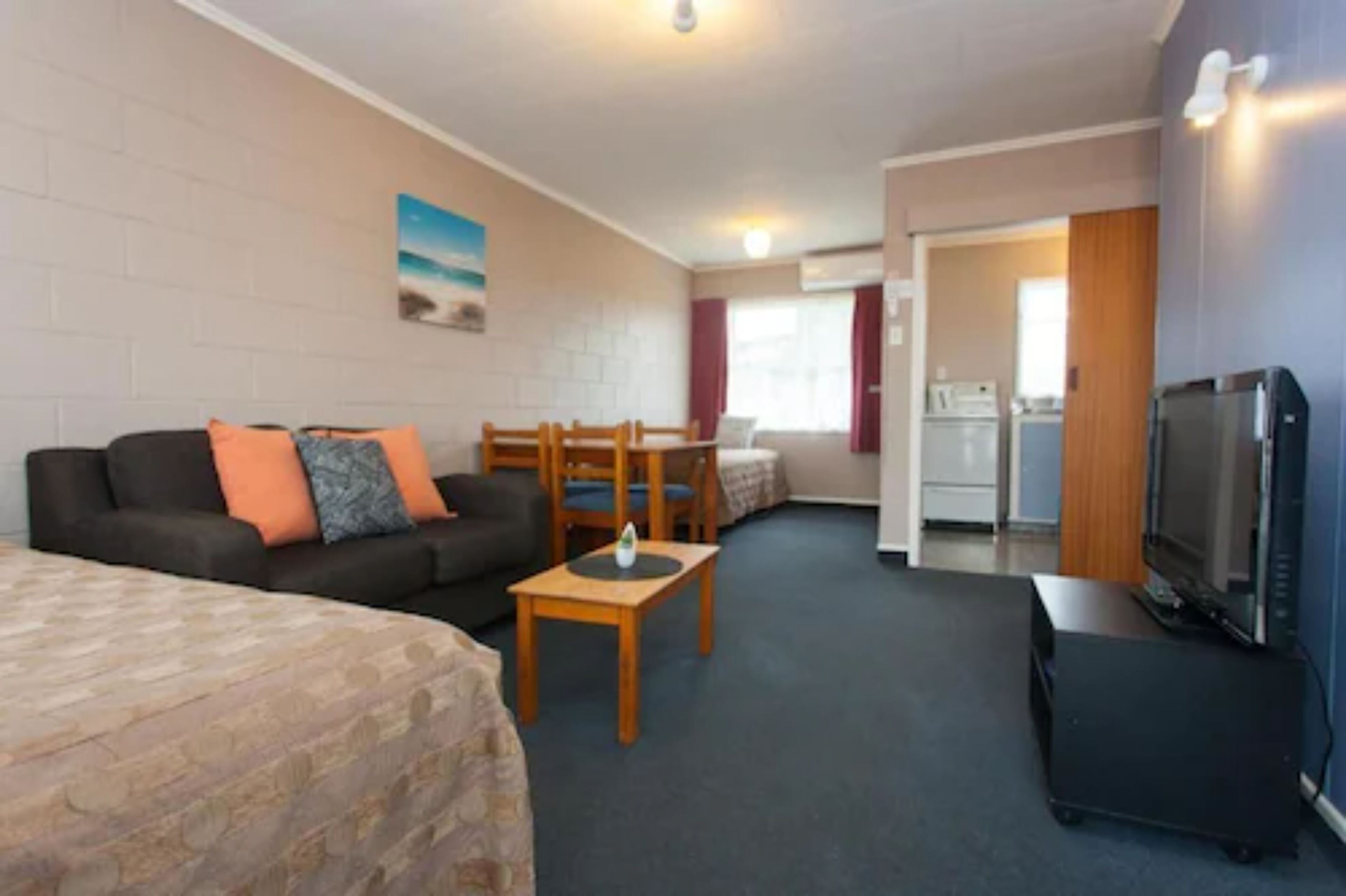 A room with a bed, a sofa, a small table, a TV, and a kitchenette.