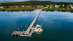 A pier extending into calm water with boats docked at the end.