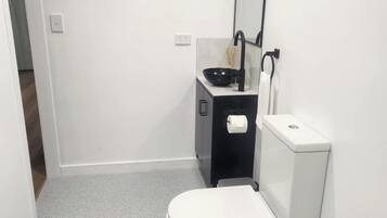 A small, modern bathroom with a white toilet, a black sink, and a mirror.