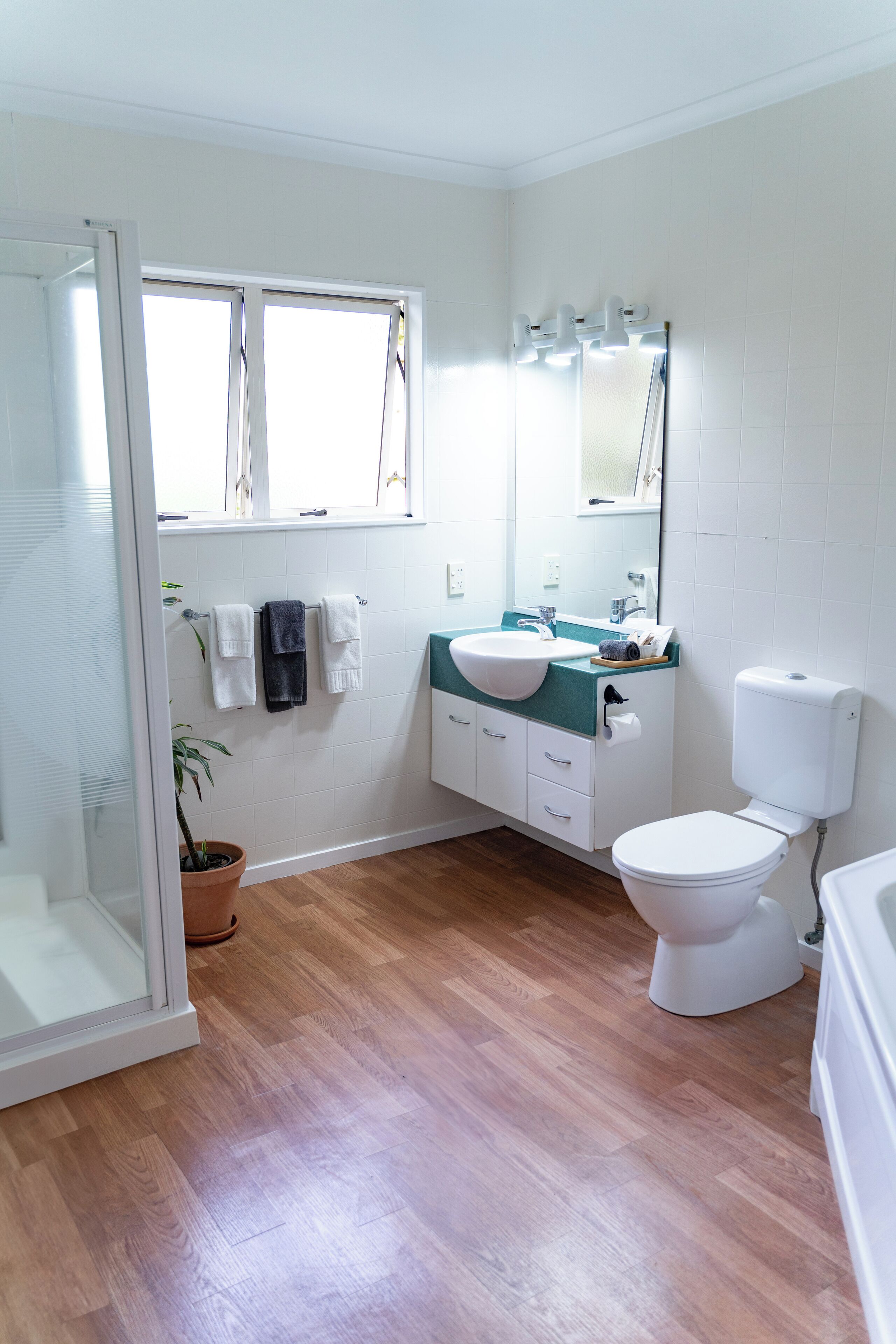 Un bany amb un vàter blanc, un lavabo i una dutxera.