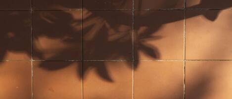 A tiled wall with shadows of leaves.