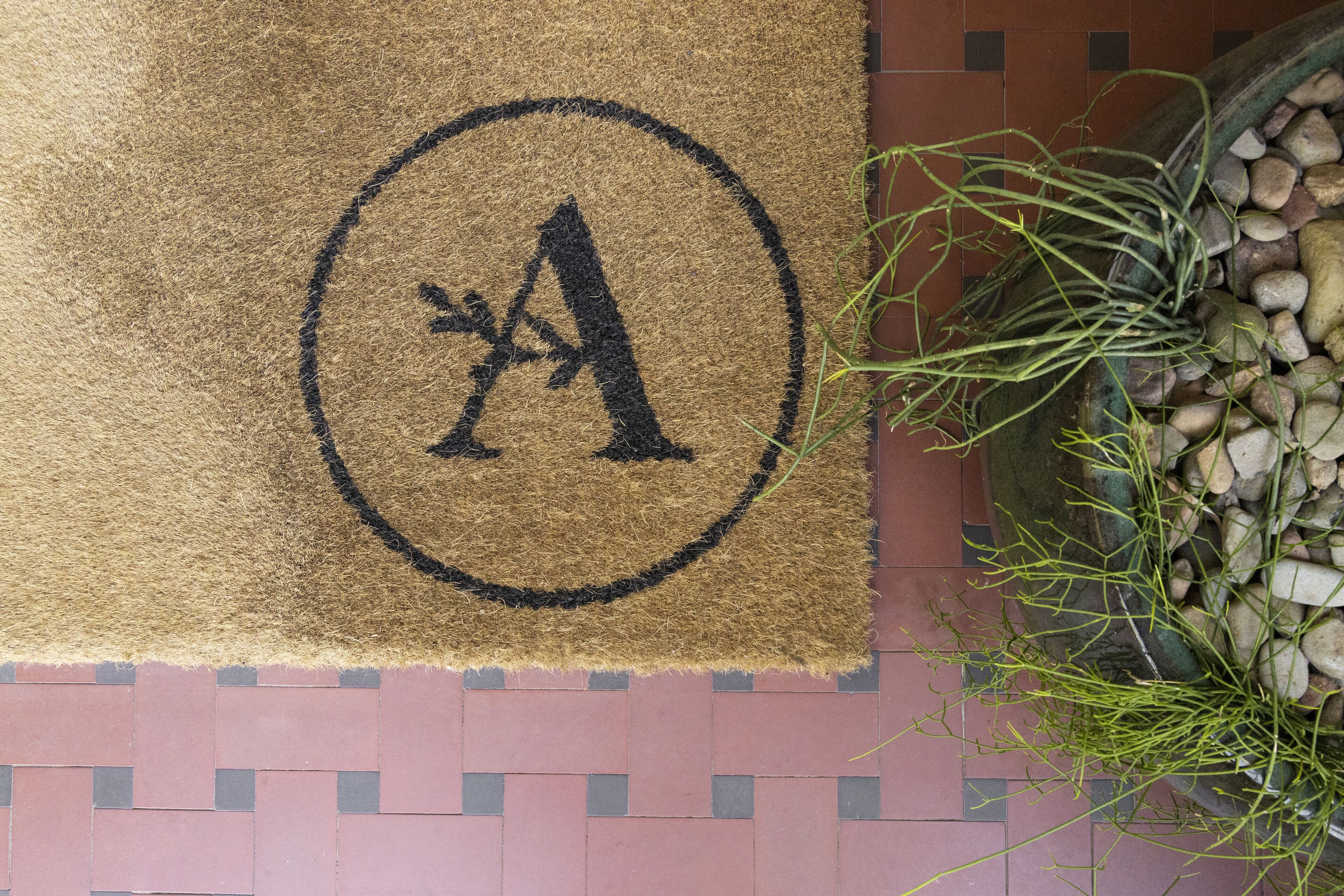 A doormat with a logo, a tiled floor, and a plant with long stems.