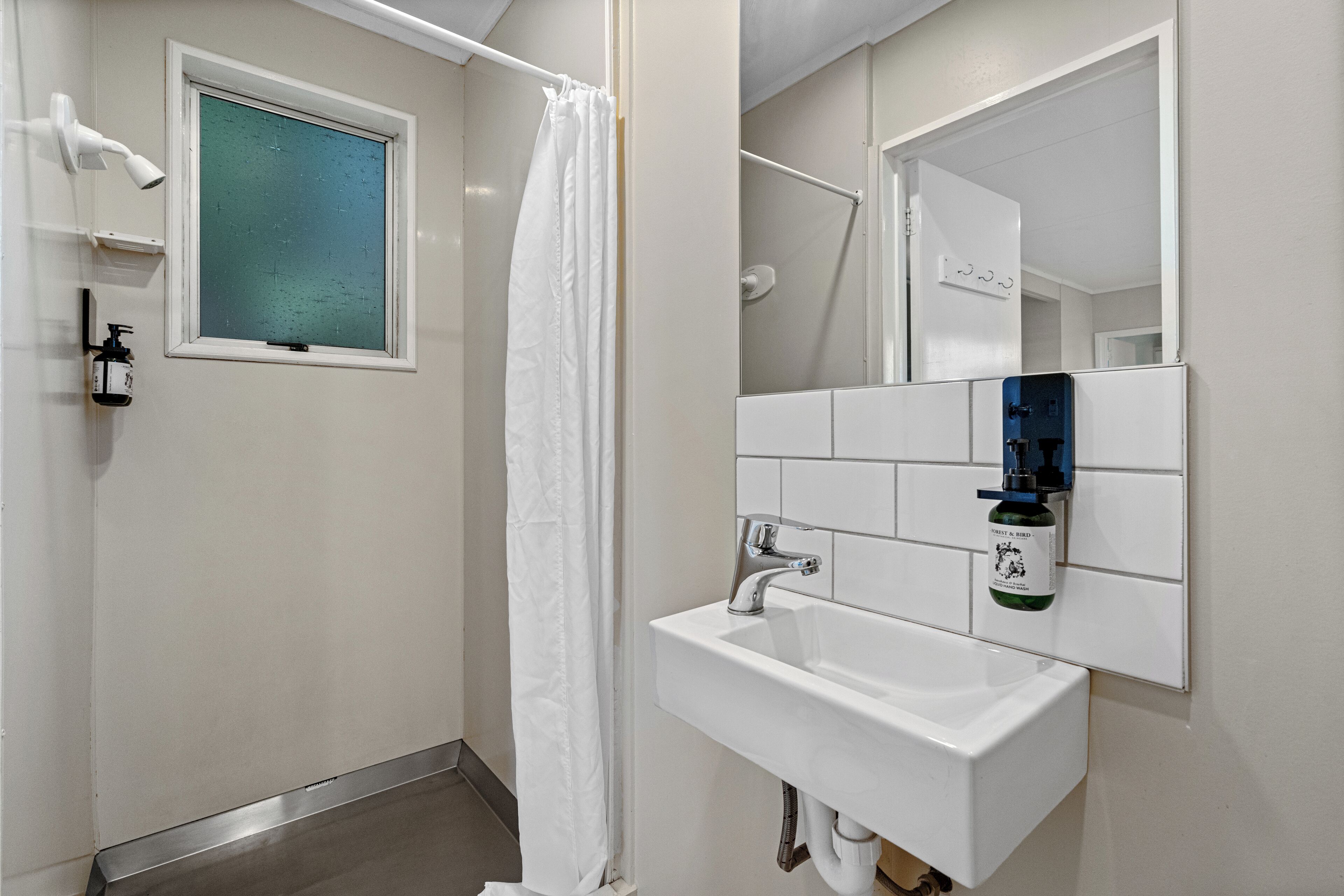 A bathroom with a shower, a sink, a mirror, and a window.
