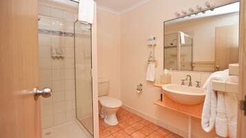 A bathroom with a glass-enclosed shower, a toilet, a sink with a mirror, and a towel rack.