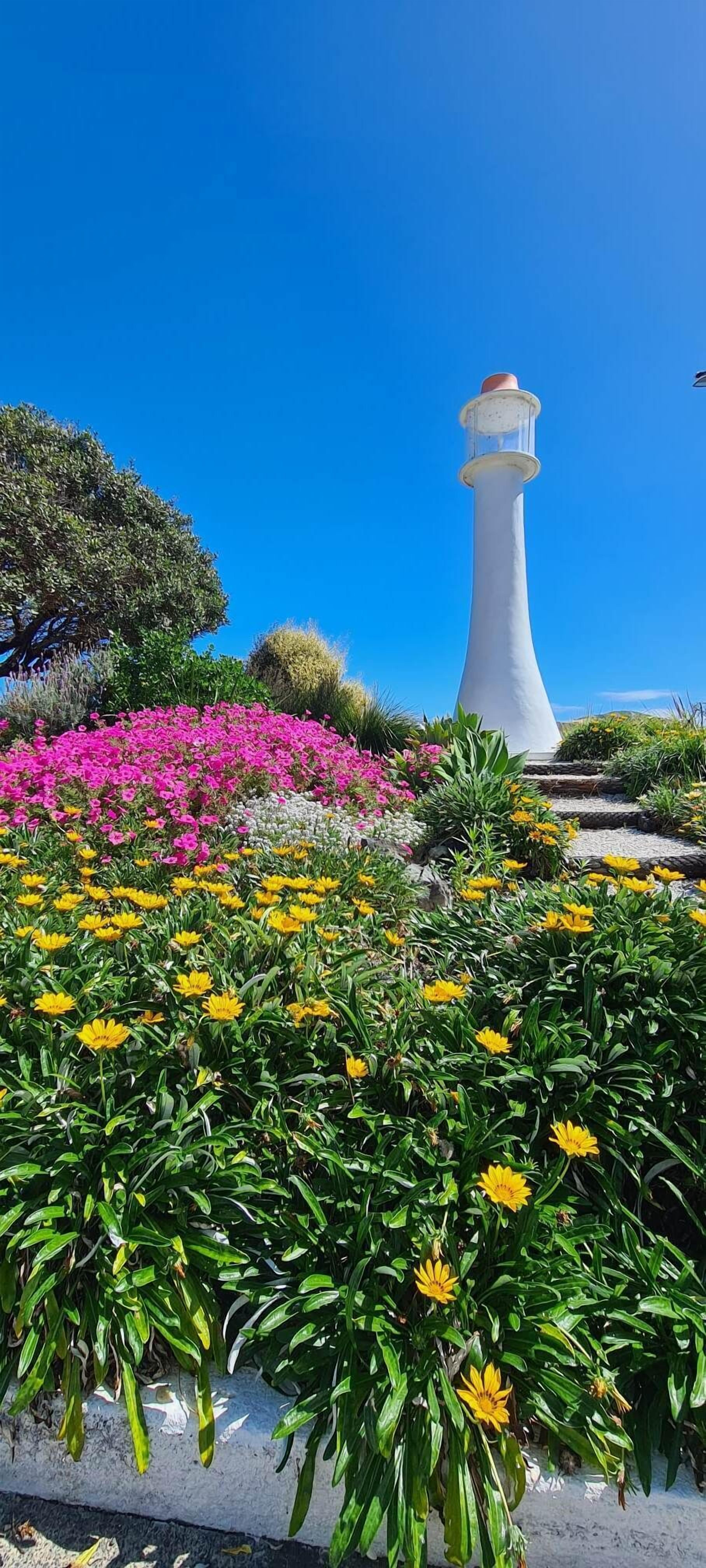 A white lighthouse surrounded by vibrant flower beds with yellow and pink blooms.