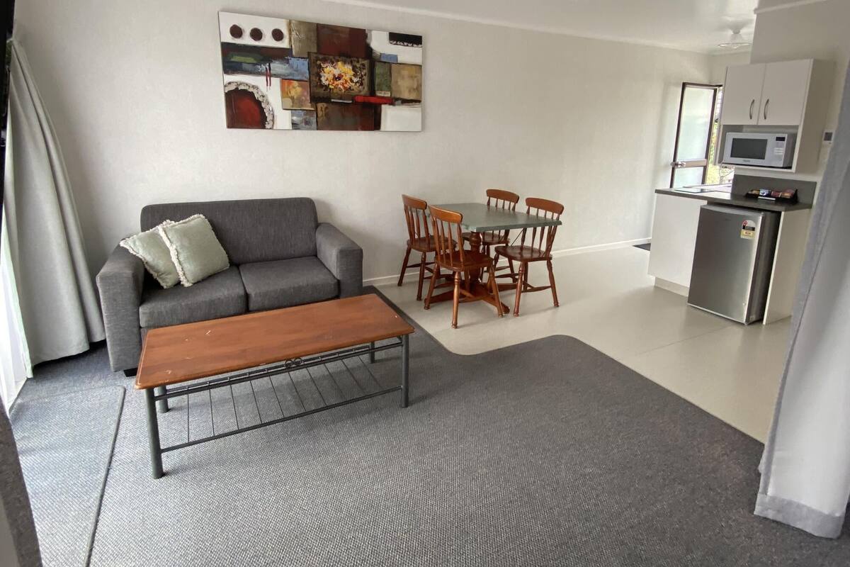 Un espace de vie compact comprenant un canapé, une table à manger, des chaises, une petite kitchenette et un luminaire au plafond.