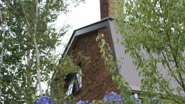 A house with a brick exterior and a garden with purple and white flowers. - Yallambee (Bundanoon)