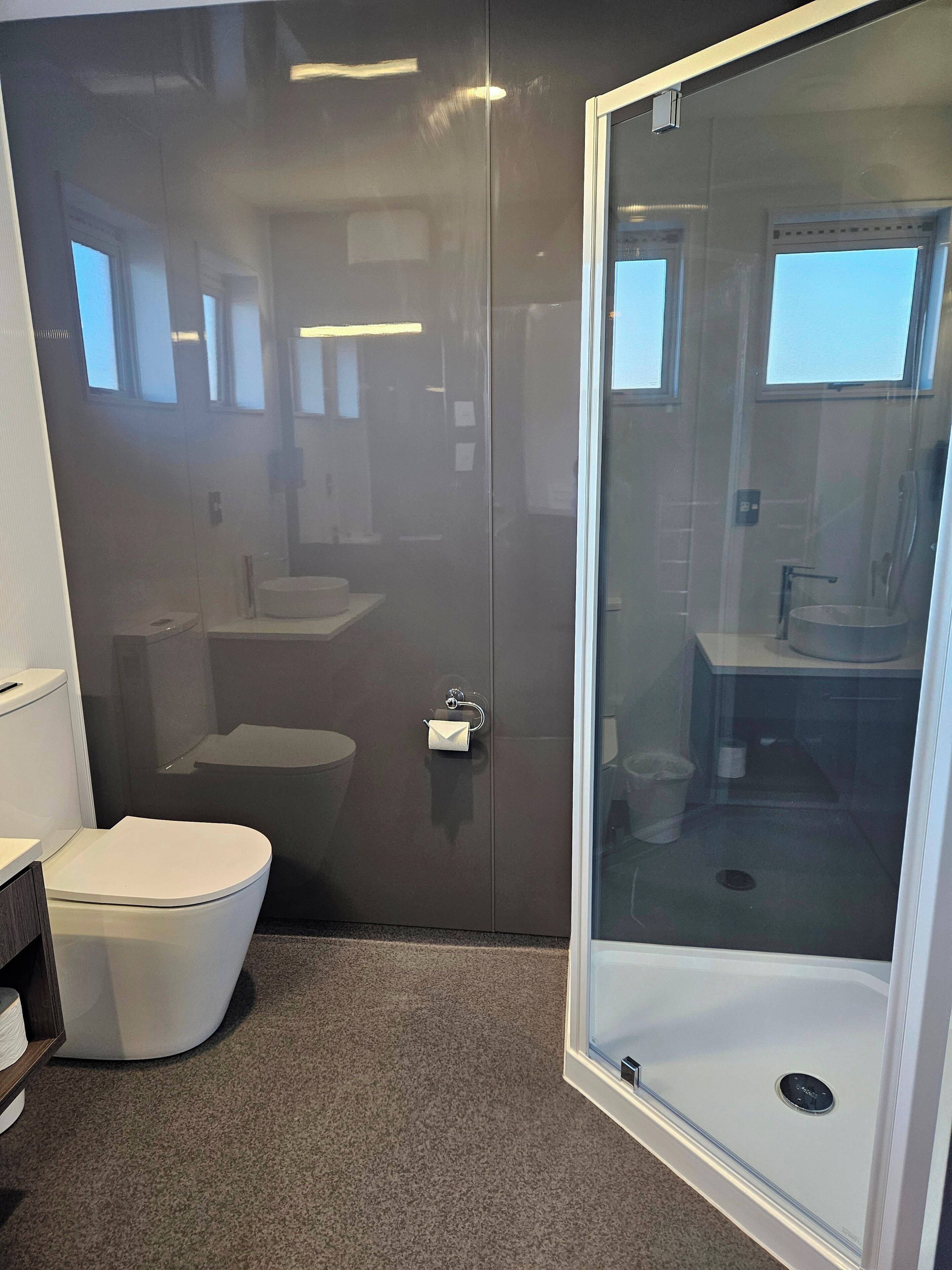 A modern bathroom with a toilet, a sink, and a shower area.