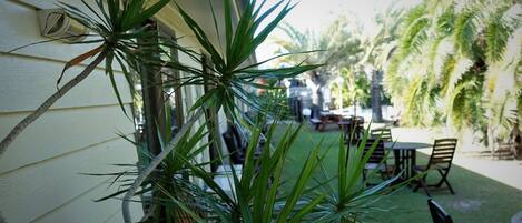 A patio area with a table and chairs, surrounded by potted plants and palm trees.