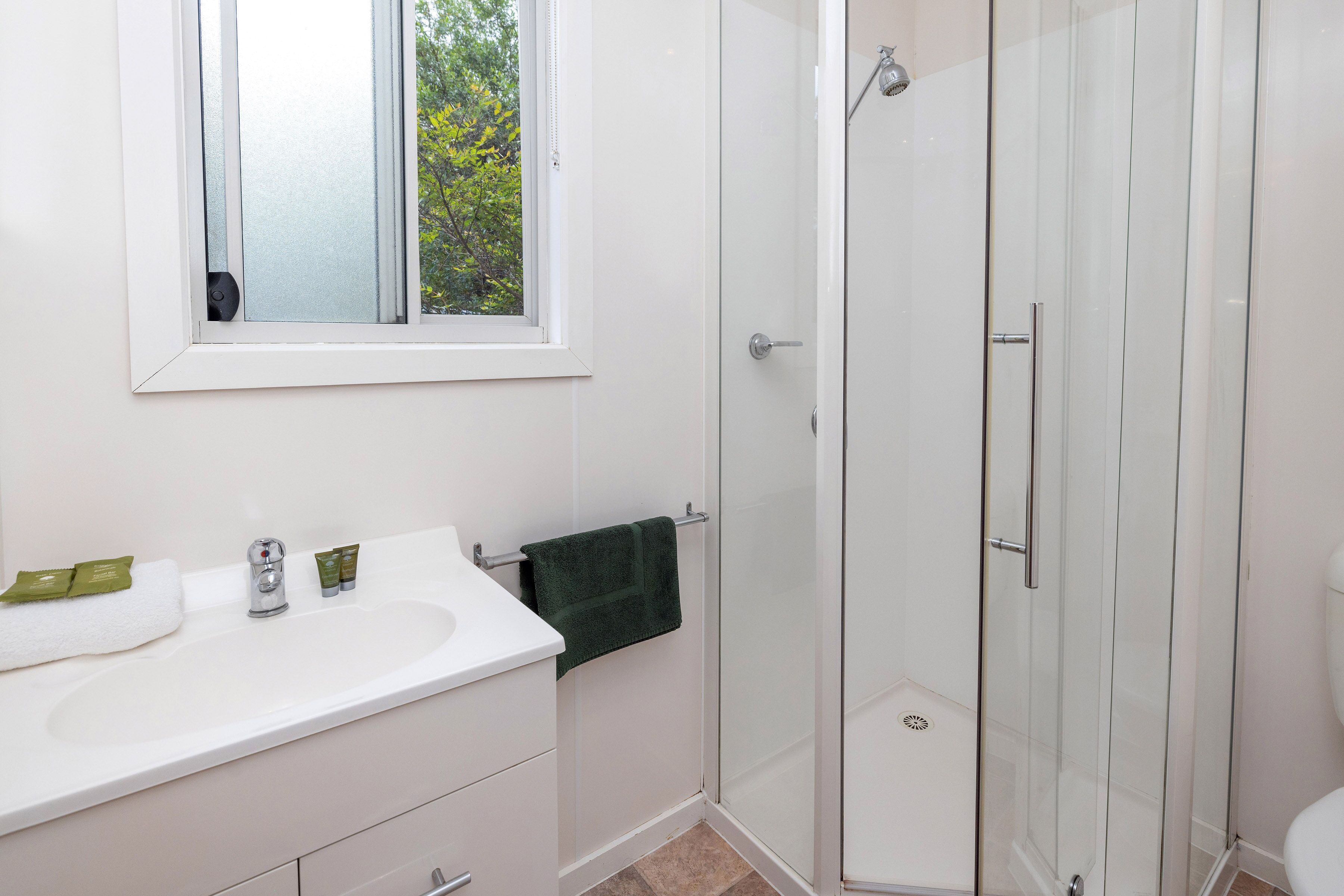 Un baño con un lavamanos blanco, un espejo, cabina de ducha de vidrio y una ventana con vistas a árboles.
