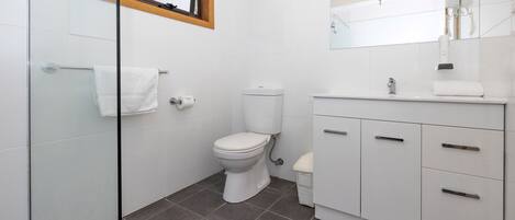 Une salle de bain moderne équipée de toilettes, d’un lavabo et d’une douche à parois de verre.