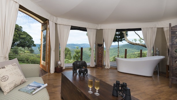 A luxurious room with a large bathtub, a wooden table with two champagne glasses and binoculars, a sofa with a magazine, and a scenic view through large windows. - Clouds on Beechmont (Beechmont)