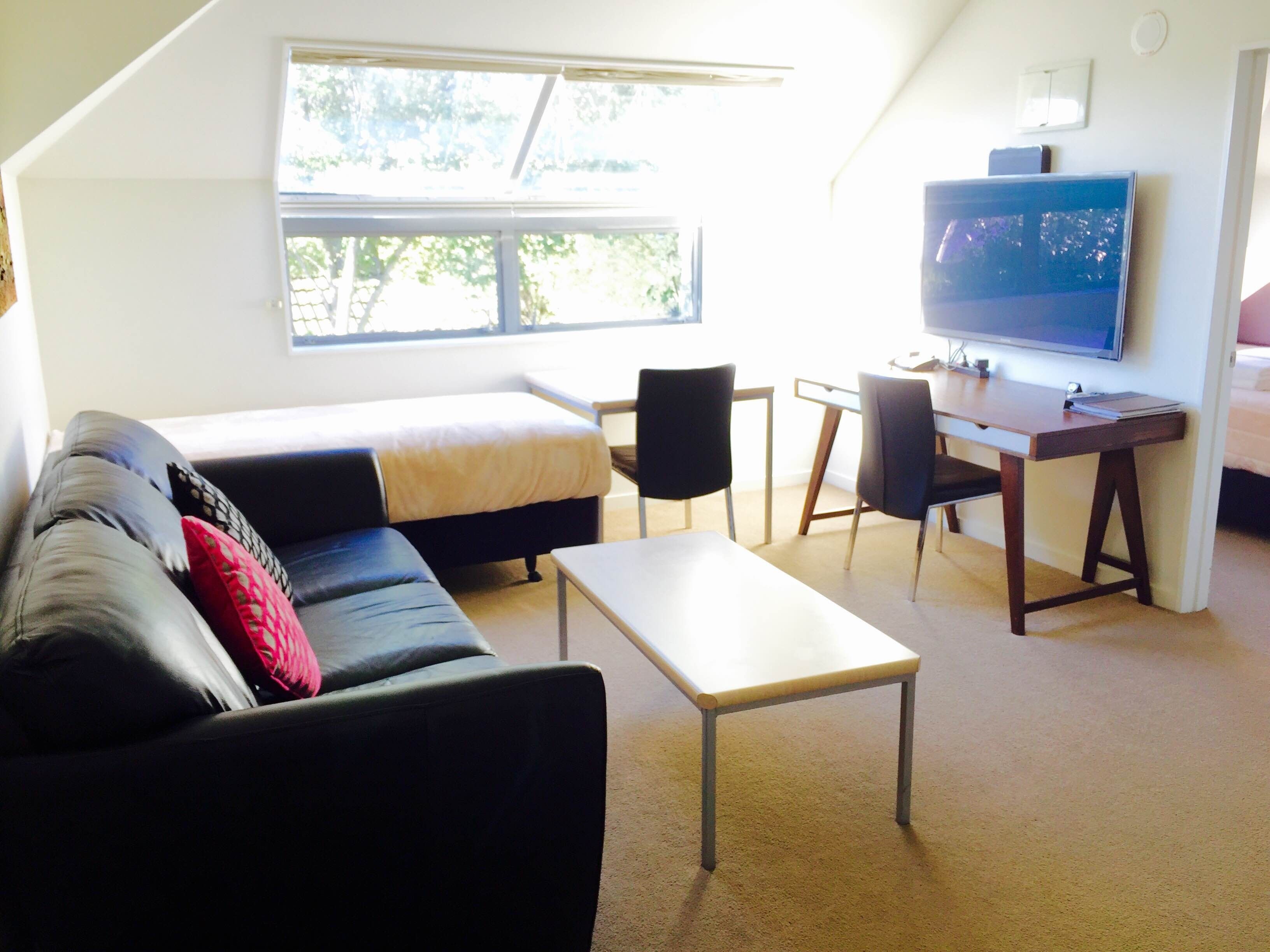 deluxe one bedroom apartment | living area | 42-inch tv with digital channels