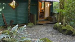 Un chalet rustique doté d’un porche, entouré d’une végétation luxuriante et de rochers couverts de mousse.