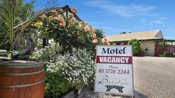A motel sign with a vacancy notice, a phone number, and the name 'Beechworth on Bridge'.