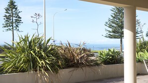 A balcony with a view of the ocean, surrounded by various plants and a street lamp. - The Reef Beachfront Apartments (Tauranga)