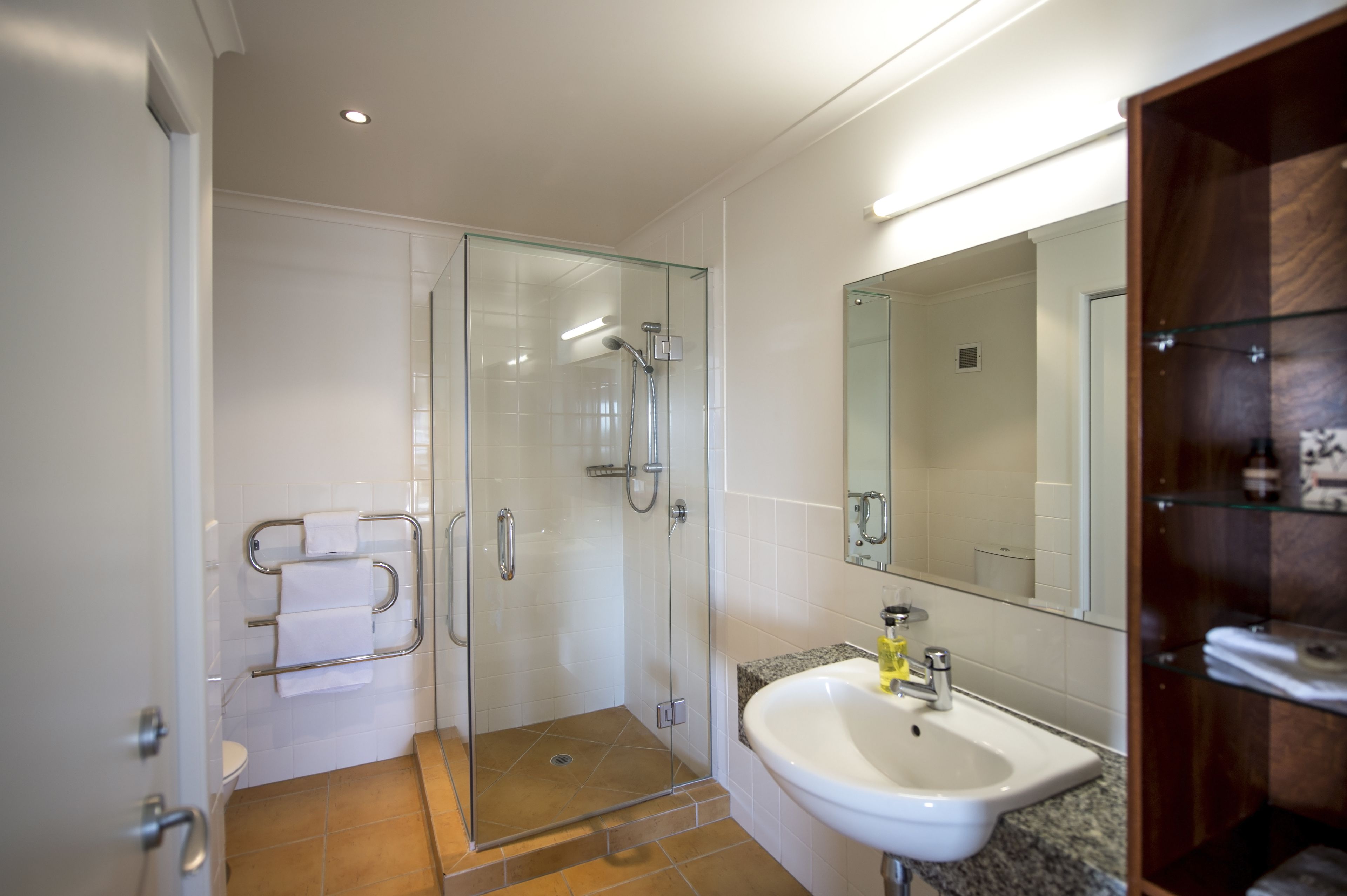 Une salle de bain moderne avec une douche à parois de verre, un lavabo blanc et un miroir au-dessus.