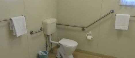 A standard bathroom with a toilet, grab bars, and a trash bin.