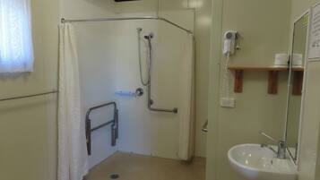A bathroom with a shower, a sink, and a hairdryer on a shelf.