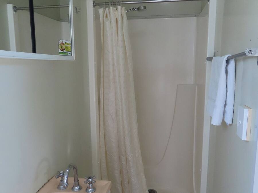 Un baño con lavamanos, espejo, ducha y perchero para toallas.