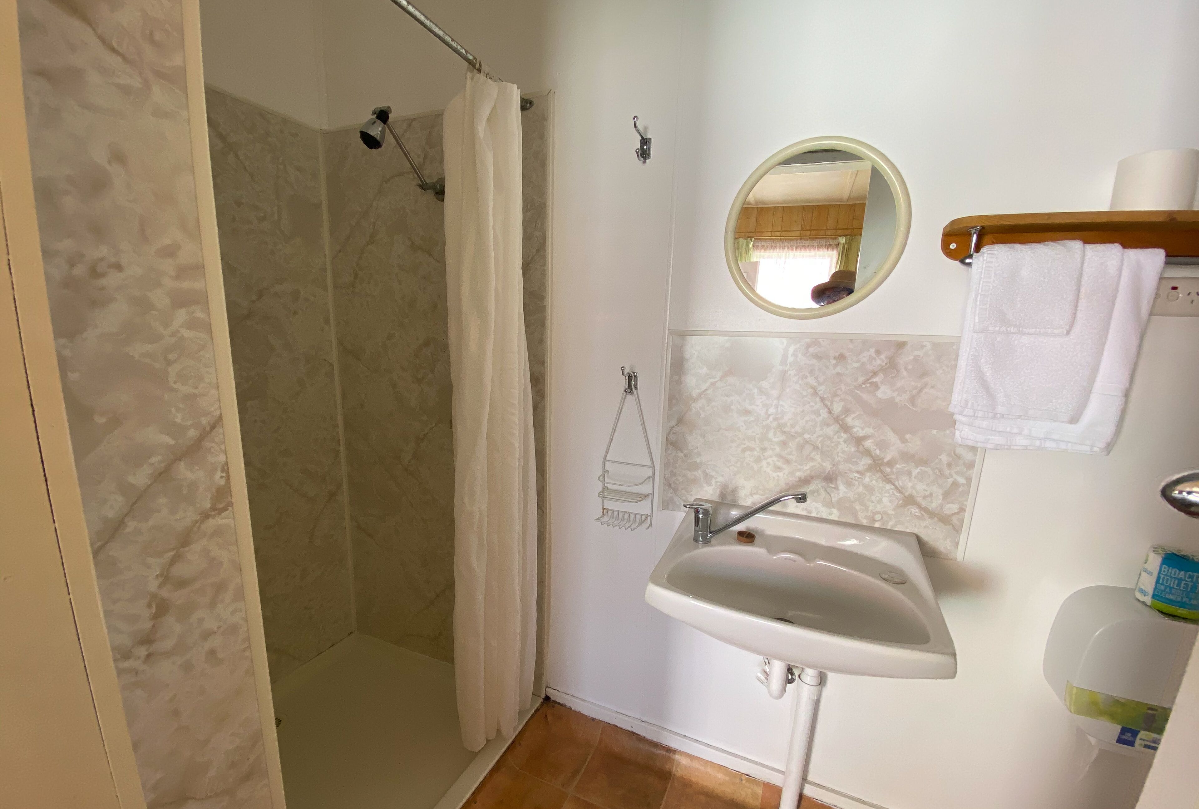 A bathroom with a shower, a sink, a mirror, and a toilet paper dispenser.
