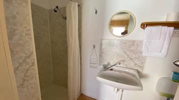 A bathroom with a shower, a sink, a mirror, and a toilet paper dispenser.