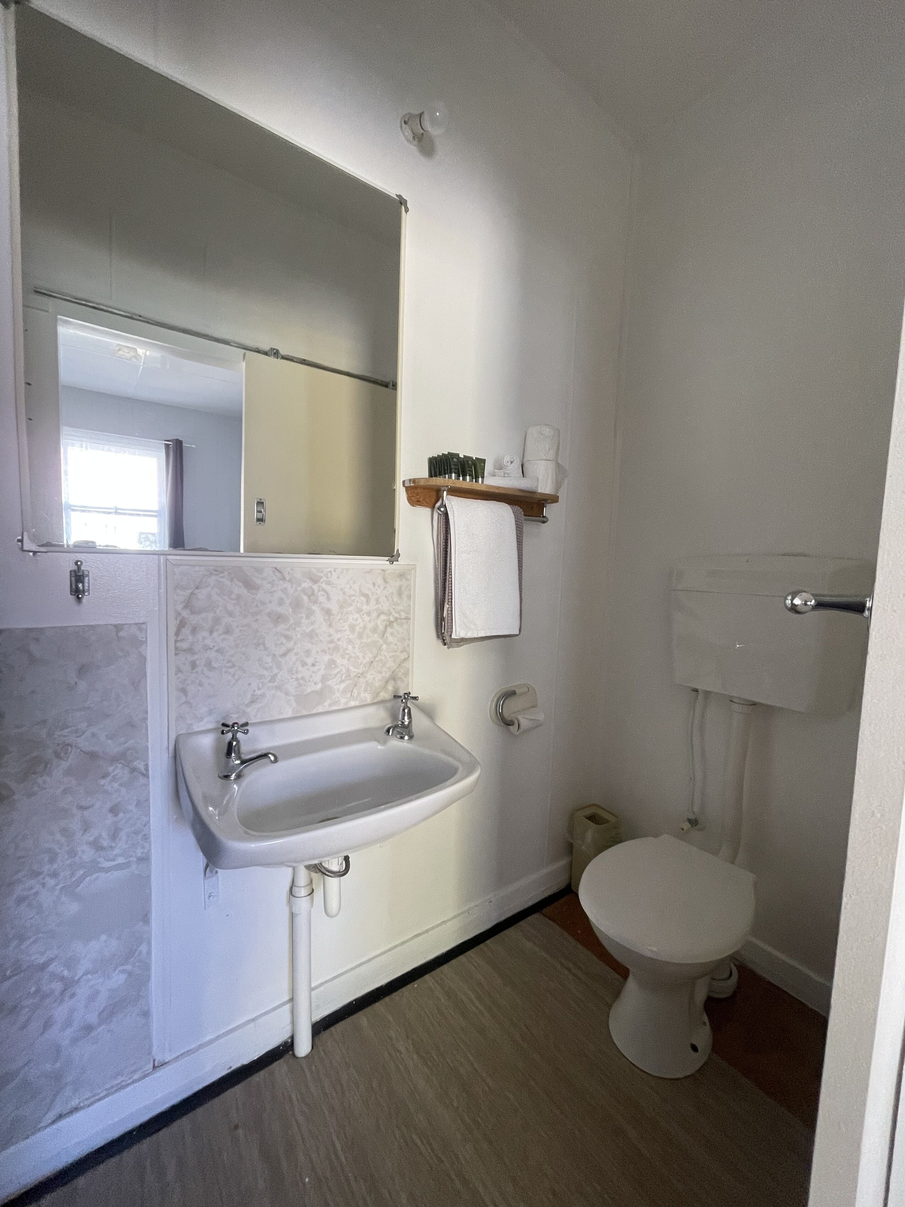 A bathroom with a sink, mirror, and toilet.