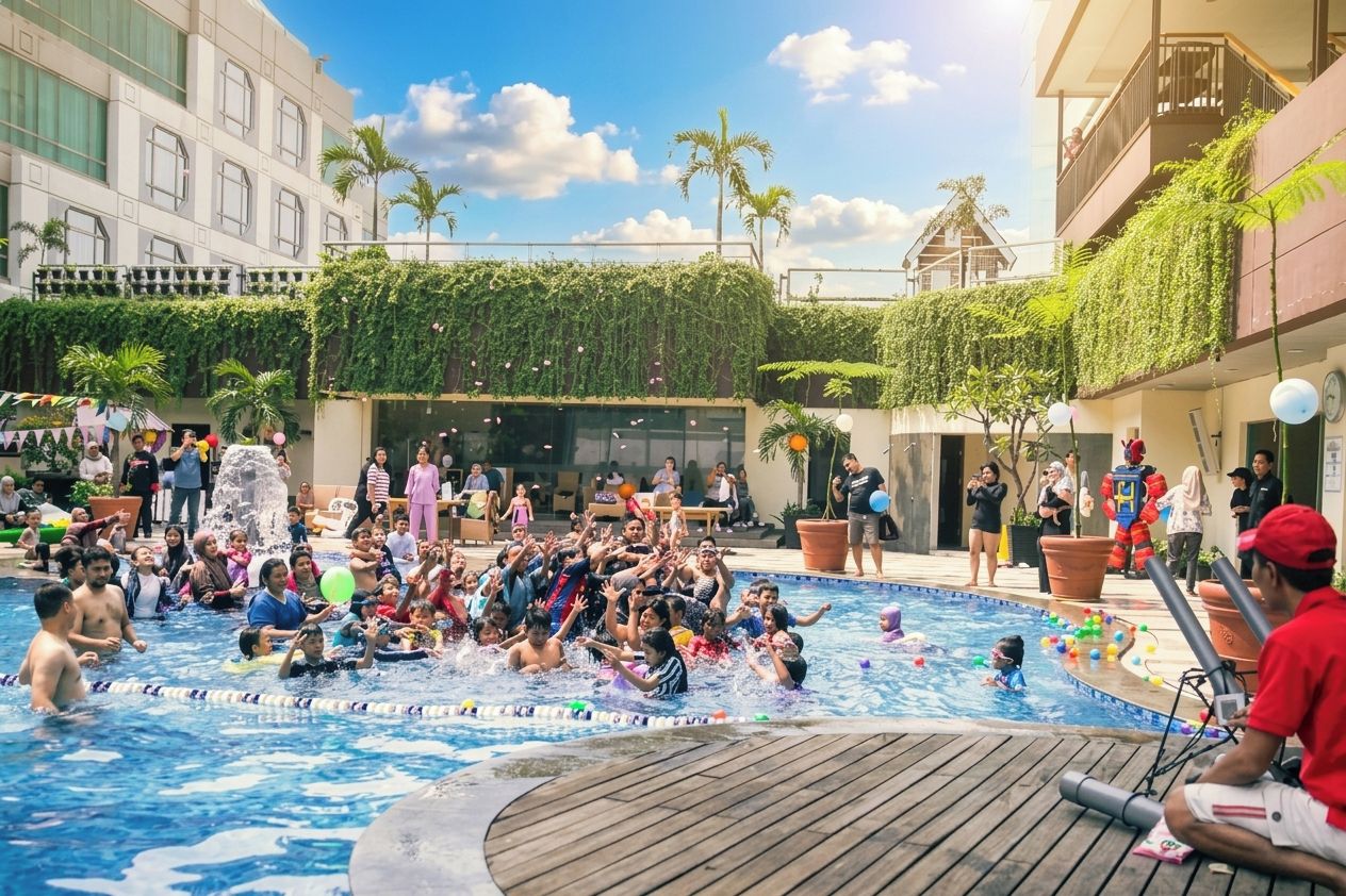 Ein Poolbereich, in dem Menschen schwimmen und spielen, umgeben von Gebäuden mit Balkonen und viel Grün.