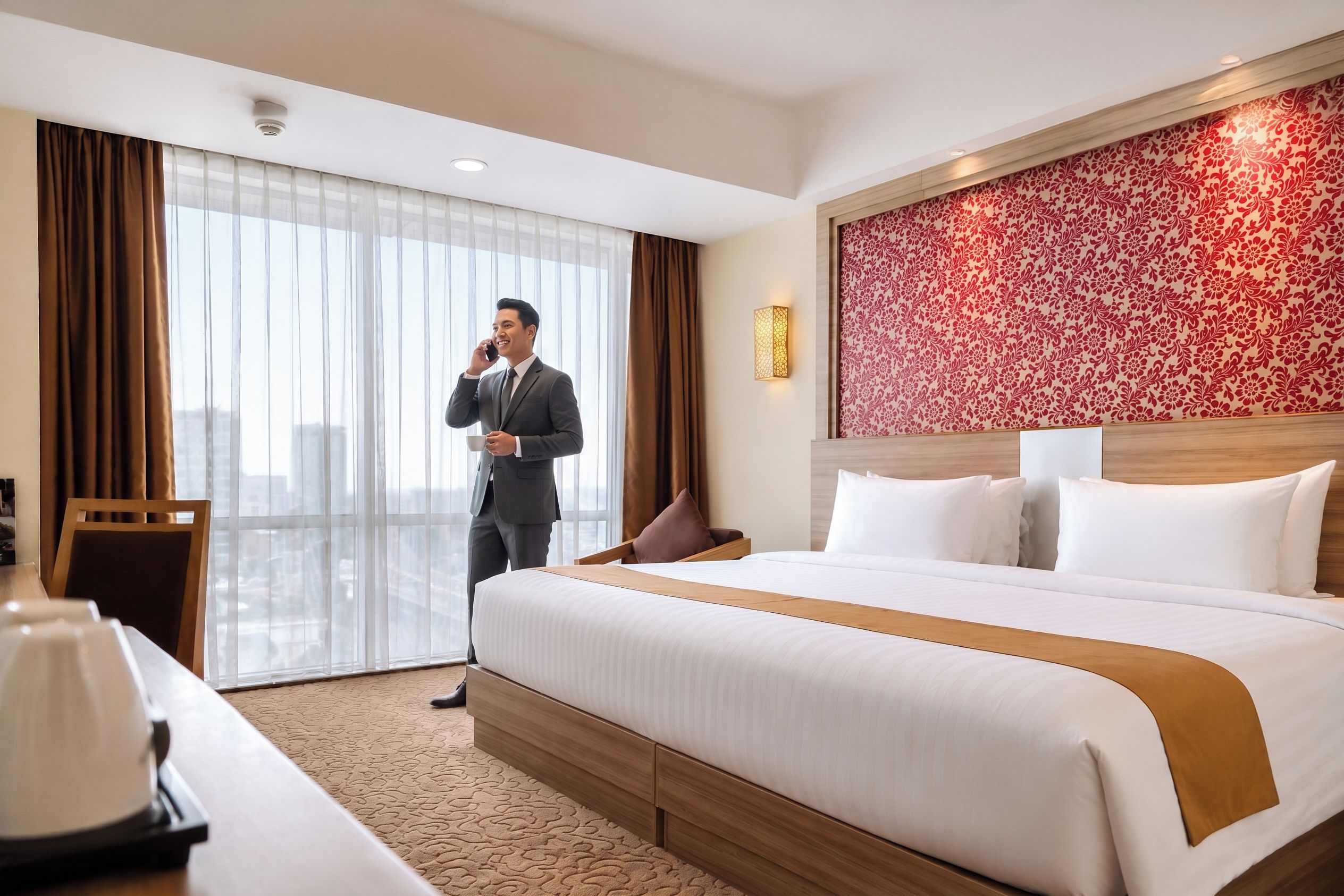 Een hotelkamer met een groot bed, een bureau met stoel, uitzicht op de stad door het raam, en een kamer met een patroon op de muur.