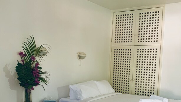 Habitación de hotel con dos camas, una mesita de noche, una lámpara de pared y una planta decorativa.