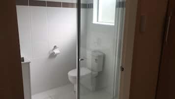 Un baño con cabina de ducha de vidrio, un inodoro y un rollo de papel higiénico en la pared.