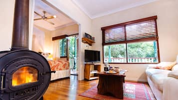 TV layar datar, perapian, dan pemutar DVD