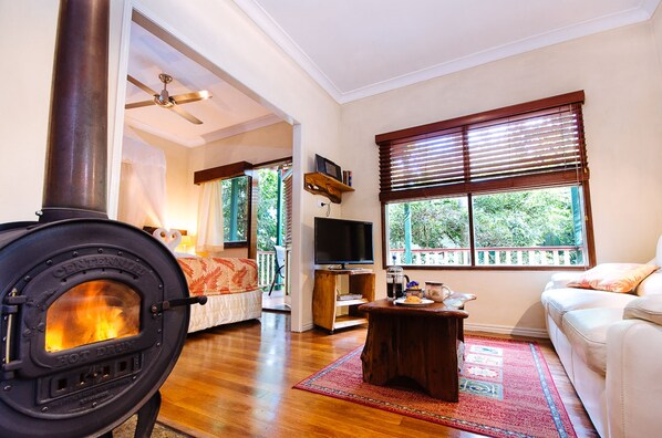 A cozy living room with a wood-burning stove, a comfortable sofa, a television, and a large window with blinds.