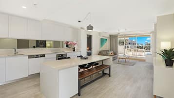 Full-sized fridge, microwave, oven, stovetop