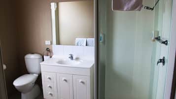 Baño con inodoro, lavamanos y cabina de ducha de vidrio.