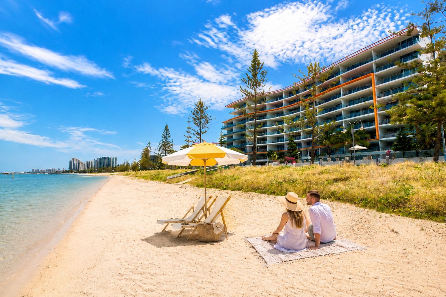 A beach with a sandy shore, a yellow umbrella, and a building with multiple balconies in the background.