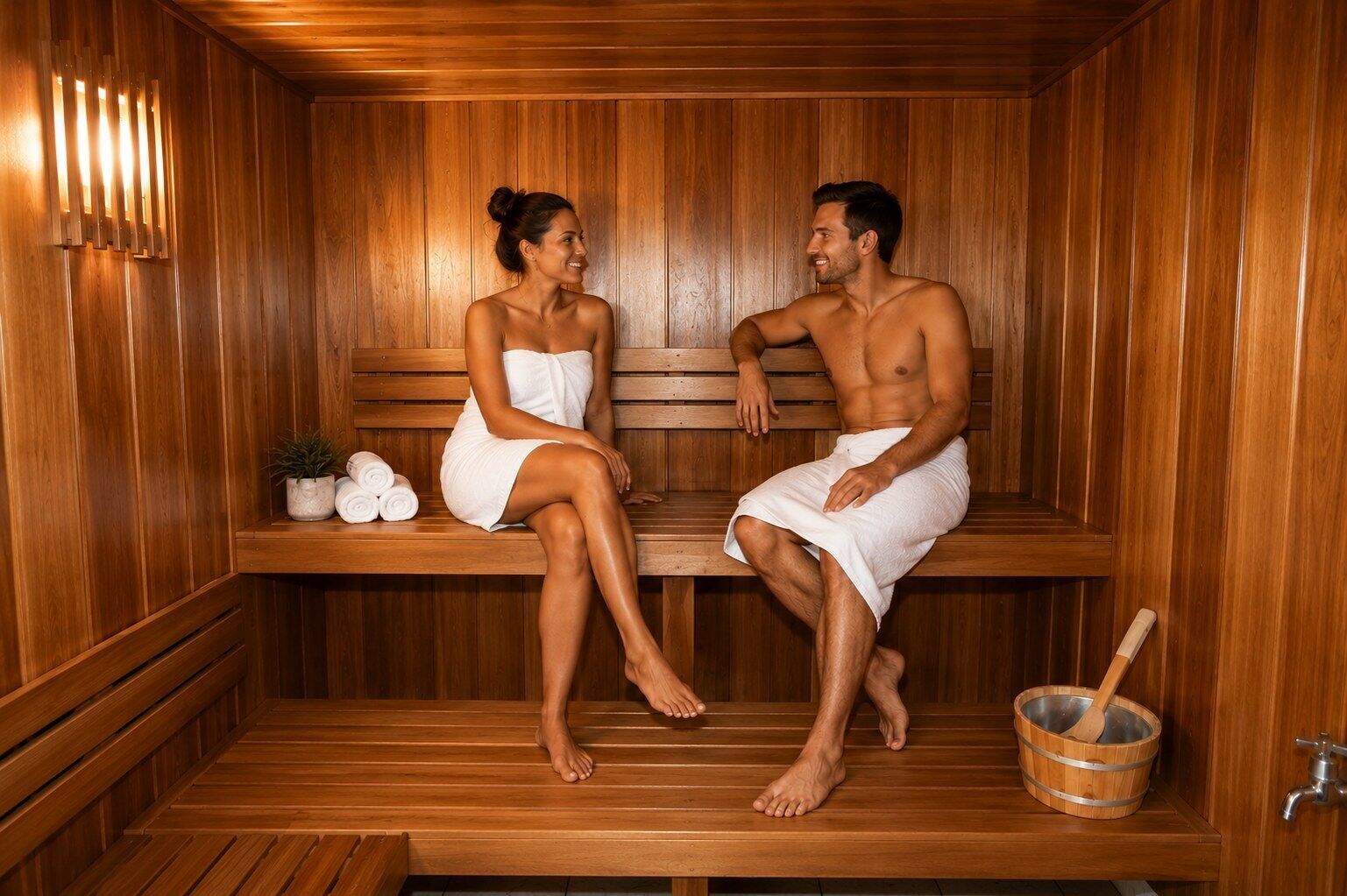 Una sauna con bancos de madera y un cubo.