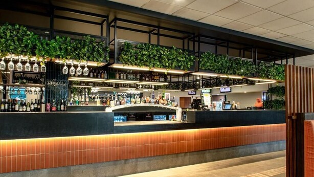 A bar area with a counter, shelves of bottles, and hanging plants. - Young Federation Motor Inn (Young)